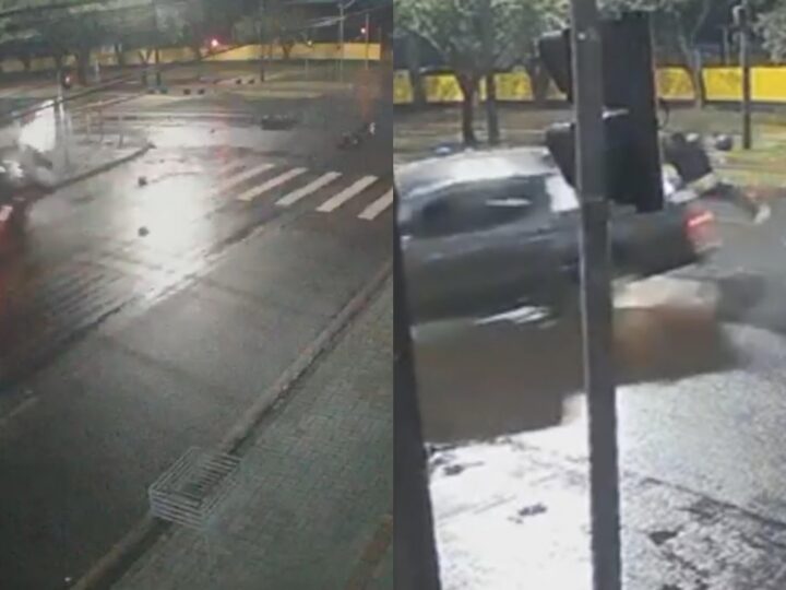 Câmeras de segurança flagram capotamento de camionete após colisão com moto em Cascavel