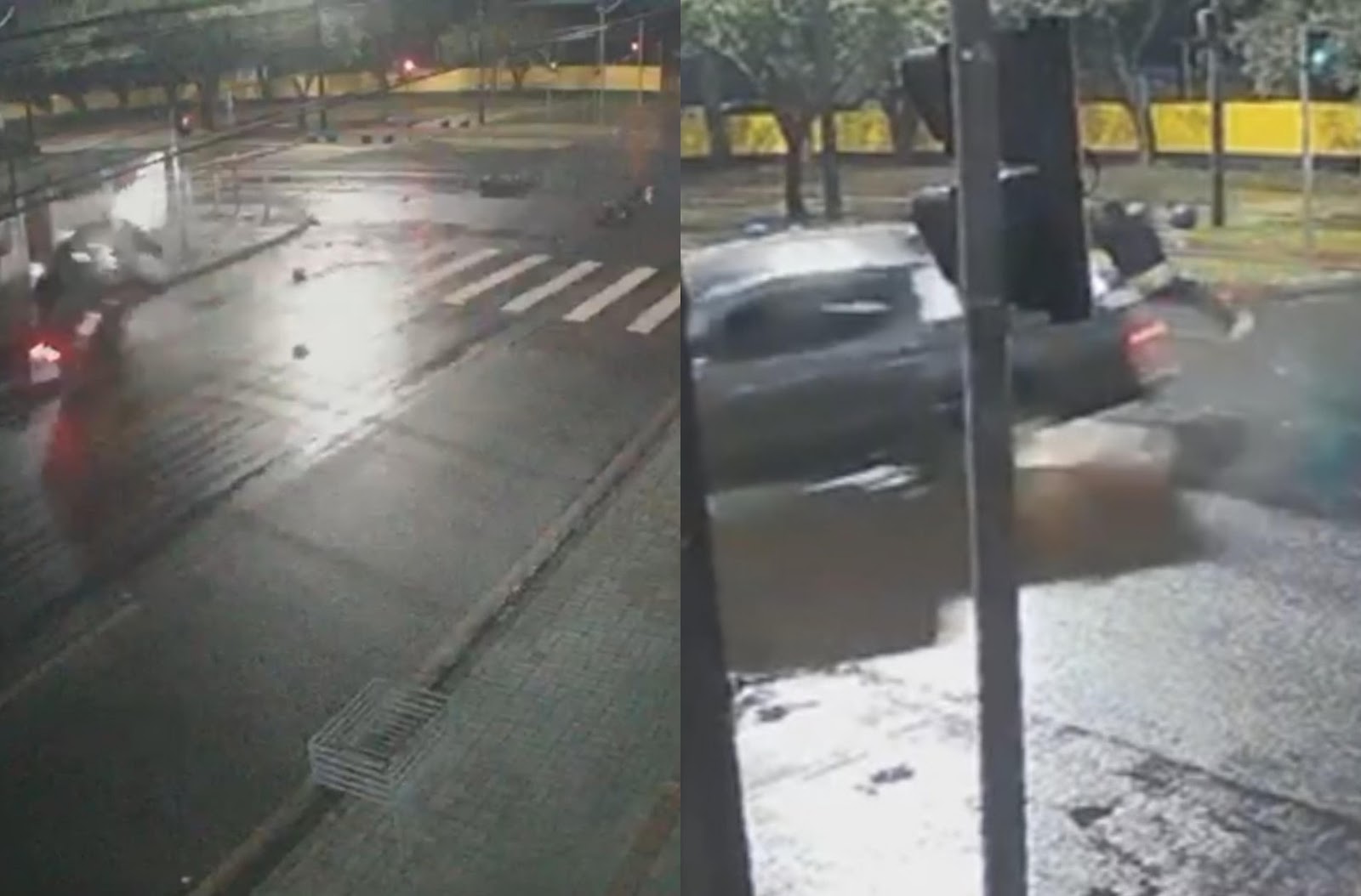 Câmeras de segurança flagram capotamento de camionete após colisão com moto em Cascavel