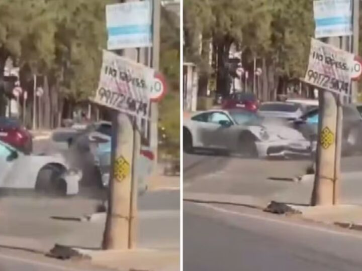 Porsche acelera em curva, perde controle e bate em carro parado em Goiânia