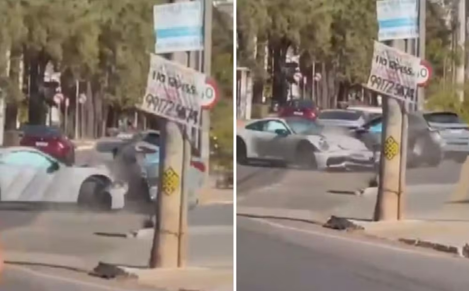 Porsche acelera em curva, perde controle e bate em carro parado em Goiânia