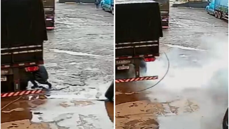Borracheiro escapa por segundos de explosão enquanto calibrava pneu de caminhão em Santa Tereza do Oeste