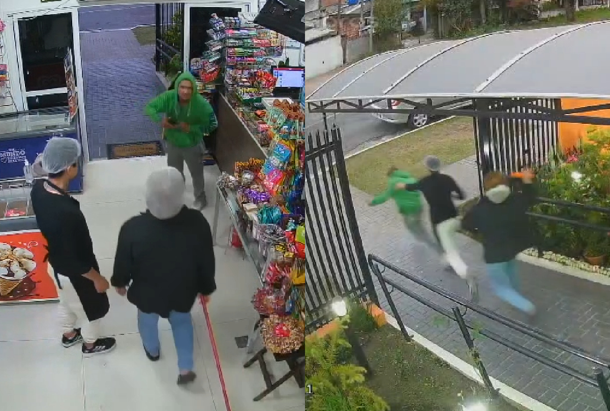 Em Curitiba, funcionários de panificadora reagem a assalto e expulsam ladrão com vassouradas; veja vídeo