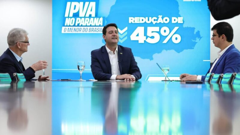 Ratinho Junior anuncia redução de 45%, Paraná terá menor alíquota de IPVA do Brasil em 2026