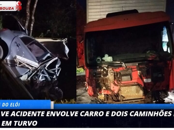 Grave Acidente na PR-466, em Turvo, Envolve Carro e Dois Caminhões; Motorista é Resgatado por Populares
