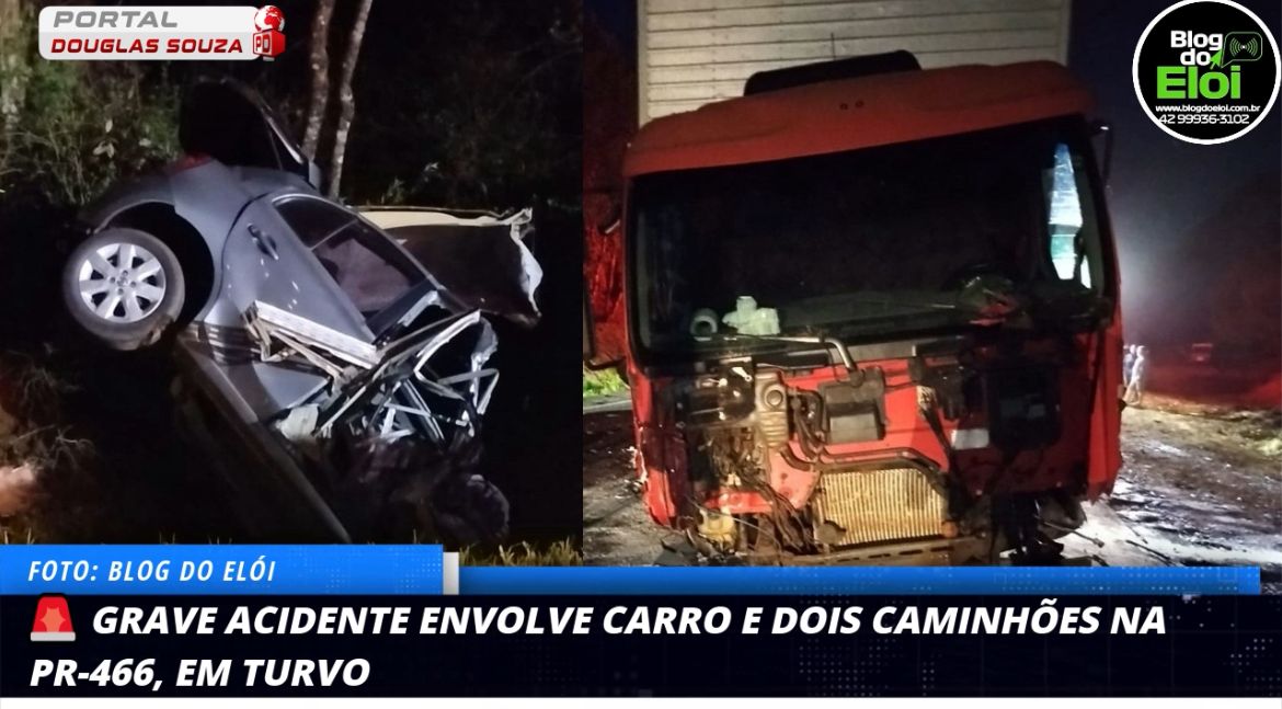 Grave Acidente na PR-466, em Turvo, Envolve Carro e Dois Caminhões; Motorista é Resgatado por Populares