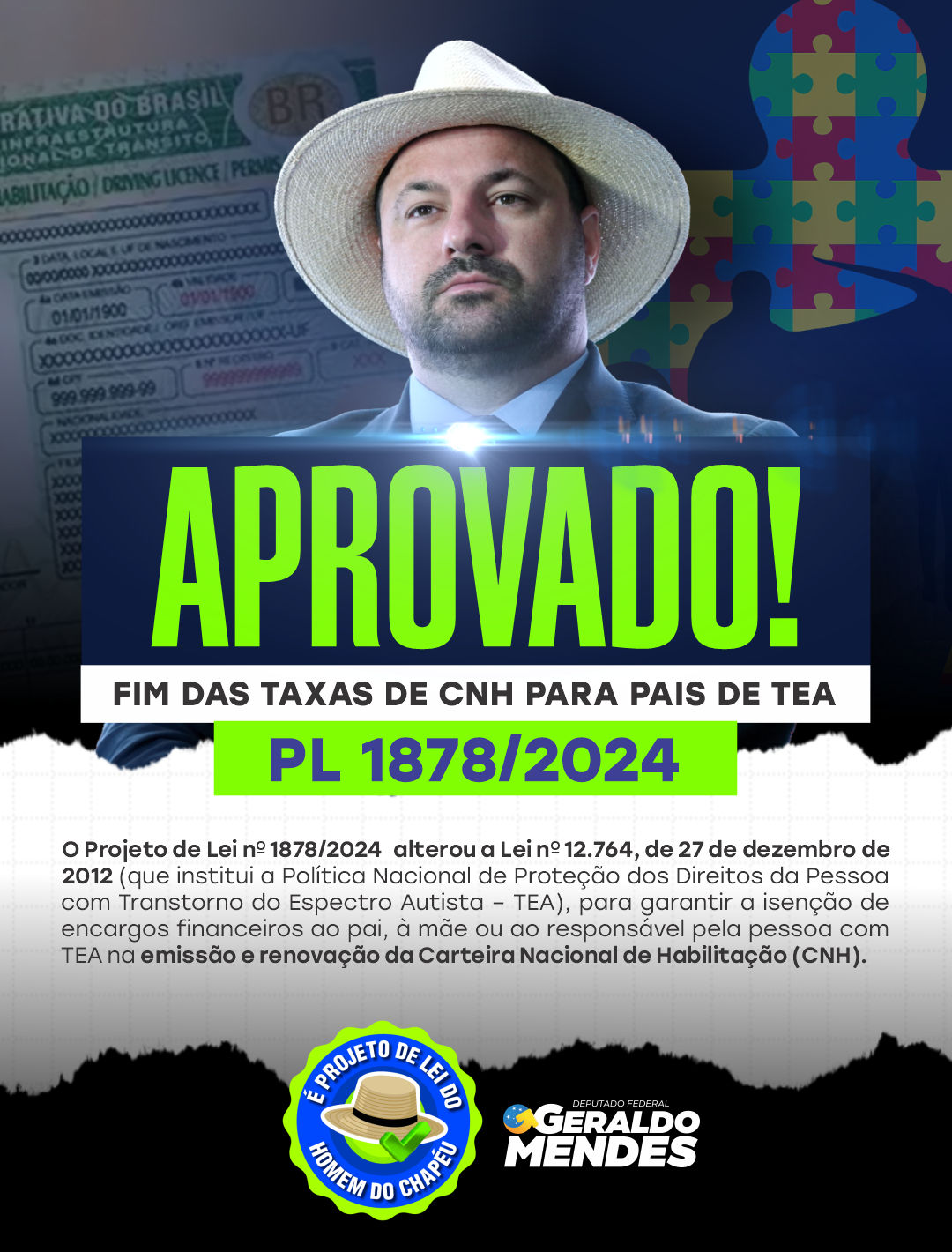 Deputado Federal Geraldo Mendes lidera projeto que garante isenção de taxas da CNH para famílias de autistas