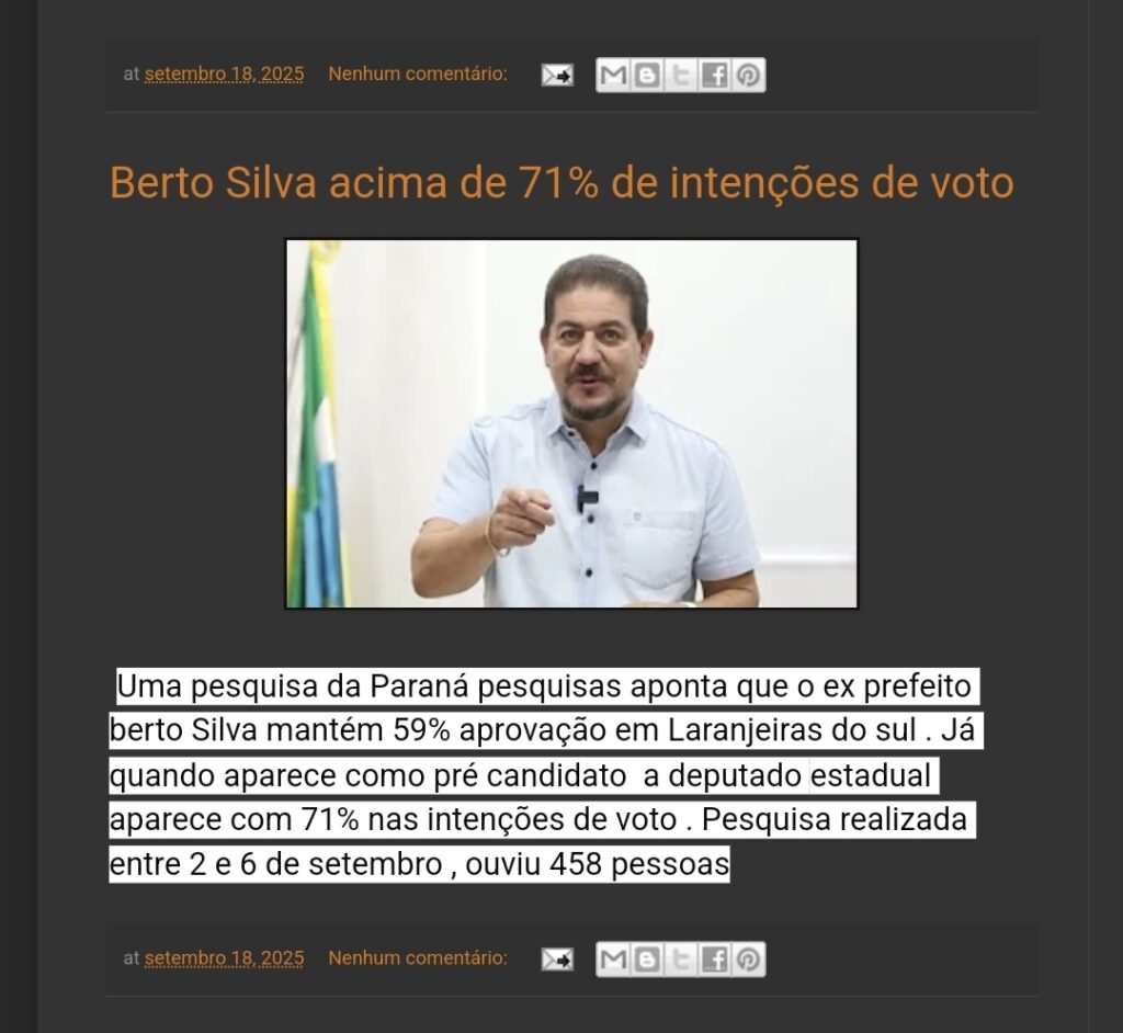 Blog conhecido em Laranjeiras do Sul divulgou informação inverídica, segundo Murilo Hidalgo, responsável pelo Paraná Pesquisas (Reprodução)