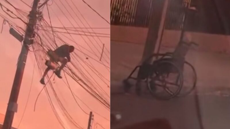 Homem em cadeira de rodas é flagrado escalando poste para roubar fios em Maringá