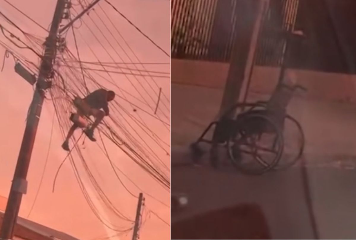 Homem em cadeira de rodas é flagrado escalando poste para roubar fios em Maringá