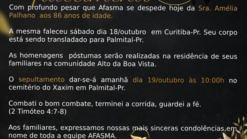 Luto na Afasma: Amélia Palhano, Figura Marcante da Instituição, Falece
