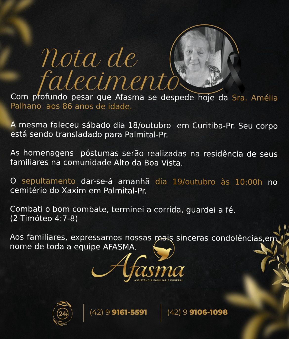 Luto na Afasma: Amélia Palhano, Figura Marcante da Instituição, Falece