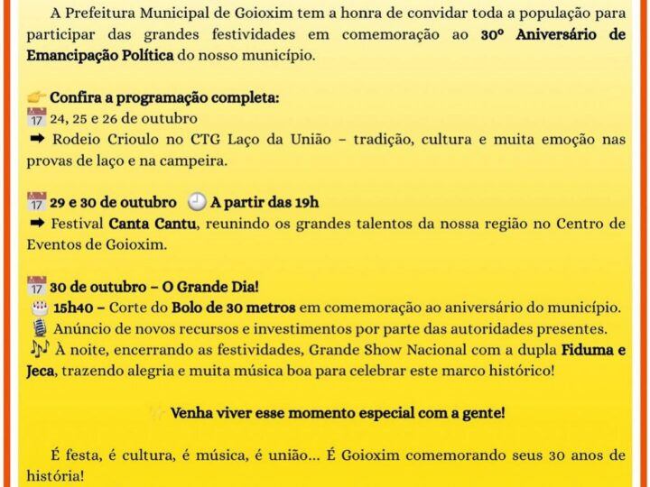 Goioxim Celebra 30 Anos de Emancipação com Festa e Anúncio de Investimentos
