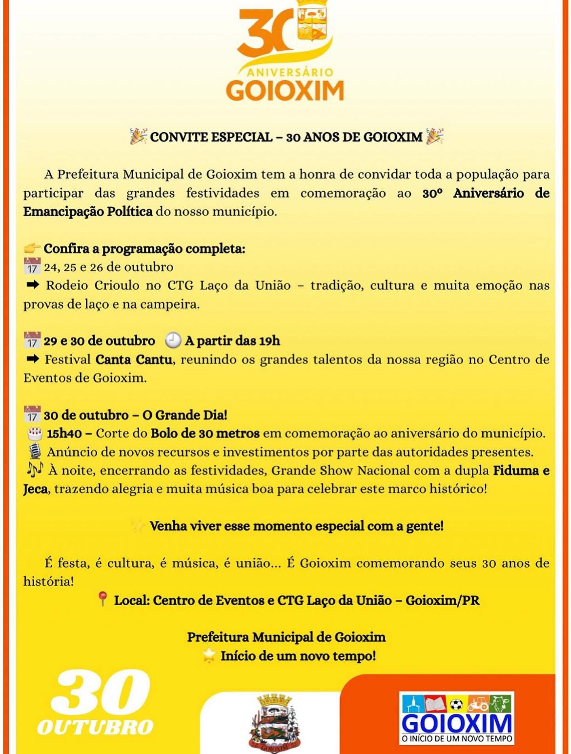 Goioxim Celebra 30 Anos de Emancipação com Festa e Anúncio de Investimentos