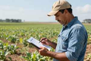 Produtor-rural-analisa-documentos-em-area-de-cultivo-agricola