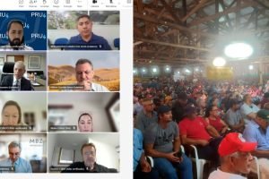 Audiência que firmou o acordo e pequenos agricultures durante encontro que tratou sobre a regularização das áreas de assentamento (Colagem)