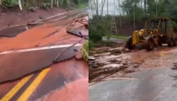 Chuva intensa arranca asfalto da PR-182 entre Ivaté e Umuarama devido à chuva
